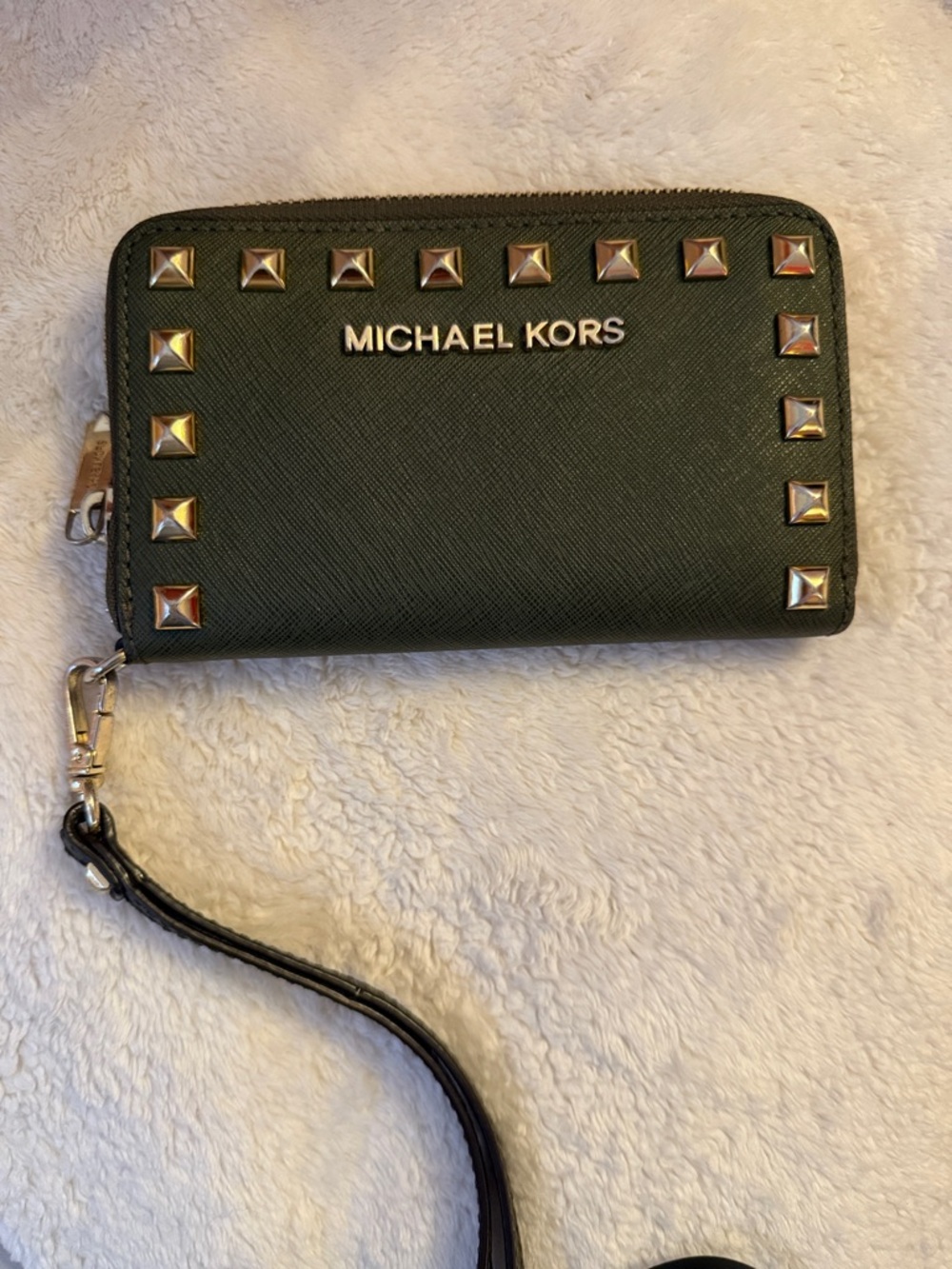 Michael Kors Dark Olive Studded Saffiano Wristlet